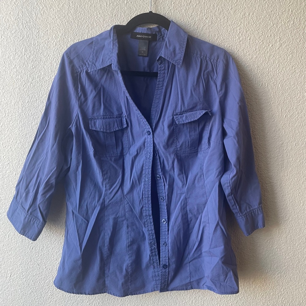 Ashley Stewart Womens Button Down Shirt Size 1X Blue Cotton Blend 3/4 Sleeve